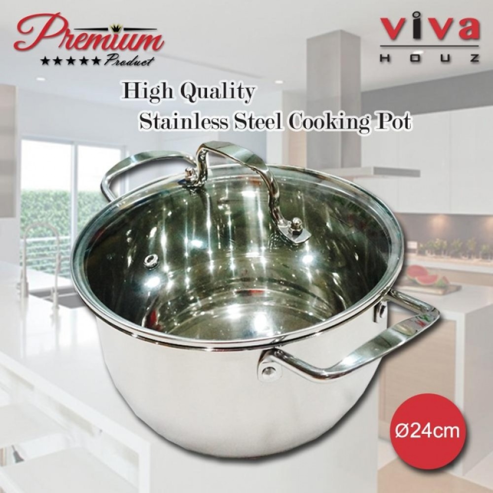 Viva Houz, Heavy Duty 24cm Ø, Stainless Steel Stock Pot, Cooking Pot with Tempered Glass Lid Viva Houz, Heavy Duty 24cm Ø, Stainless Steel Stock Pot, Cooking Pot with Tempered Glass Lid