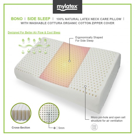 Mylatex Bono Pillow 100% Natural Latex Designed For Side Sleeper Organic Cotton Washable Zipper Cover