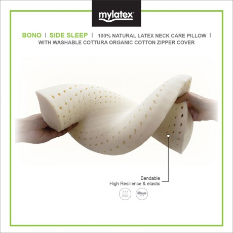 Mylatex Bono Pillow 100% Natural Latex Designed For Side Sleeper Organic Cotton Washable Zipper Cover