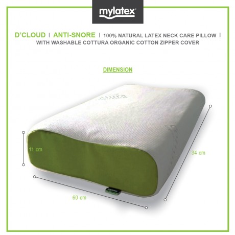 Mylatex D'cloud Pillow 100% Natural Latex Designed For Anti Snore Organic Cotton Zipper Washable Cover