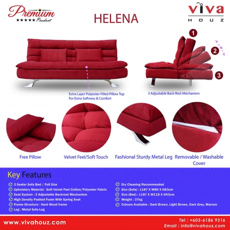 Viva Houz Helena 3 Seater Sofa Bed / Sofa, Full Fabric Removable Cover (Maroon)