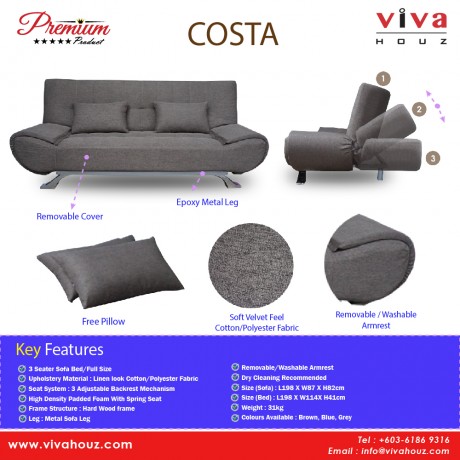 Viva Houz COSTA 3 Seater Sofa Bed, Sofa, Bed (Blue)