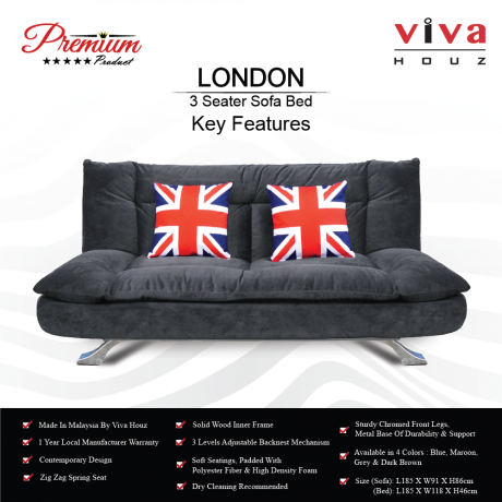 Viva Houz London Premium Quality Sofa Bed  3 Seater Sofa Grey Made In Malaysia 