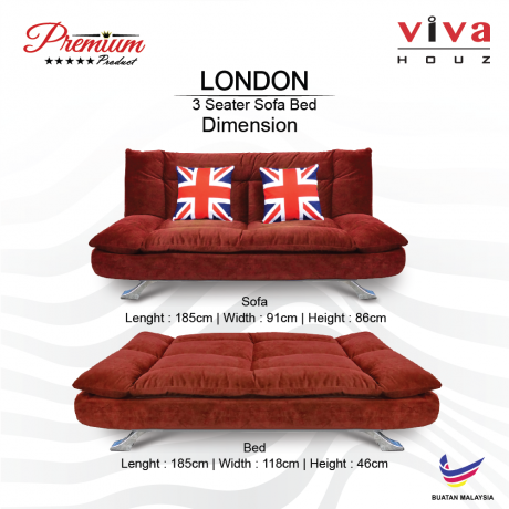 Viva Houz London Premium Quality Sofa Bed  3 Seater Sofa Maroon Made In Malaysia 