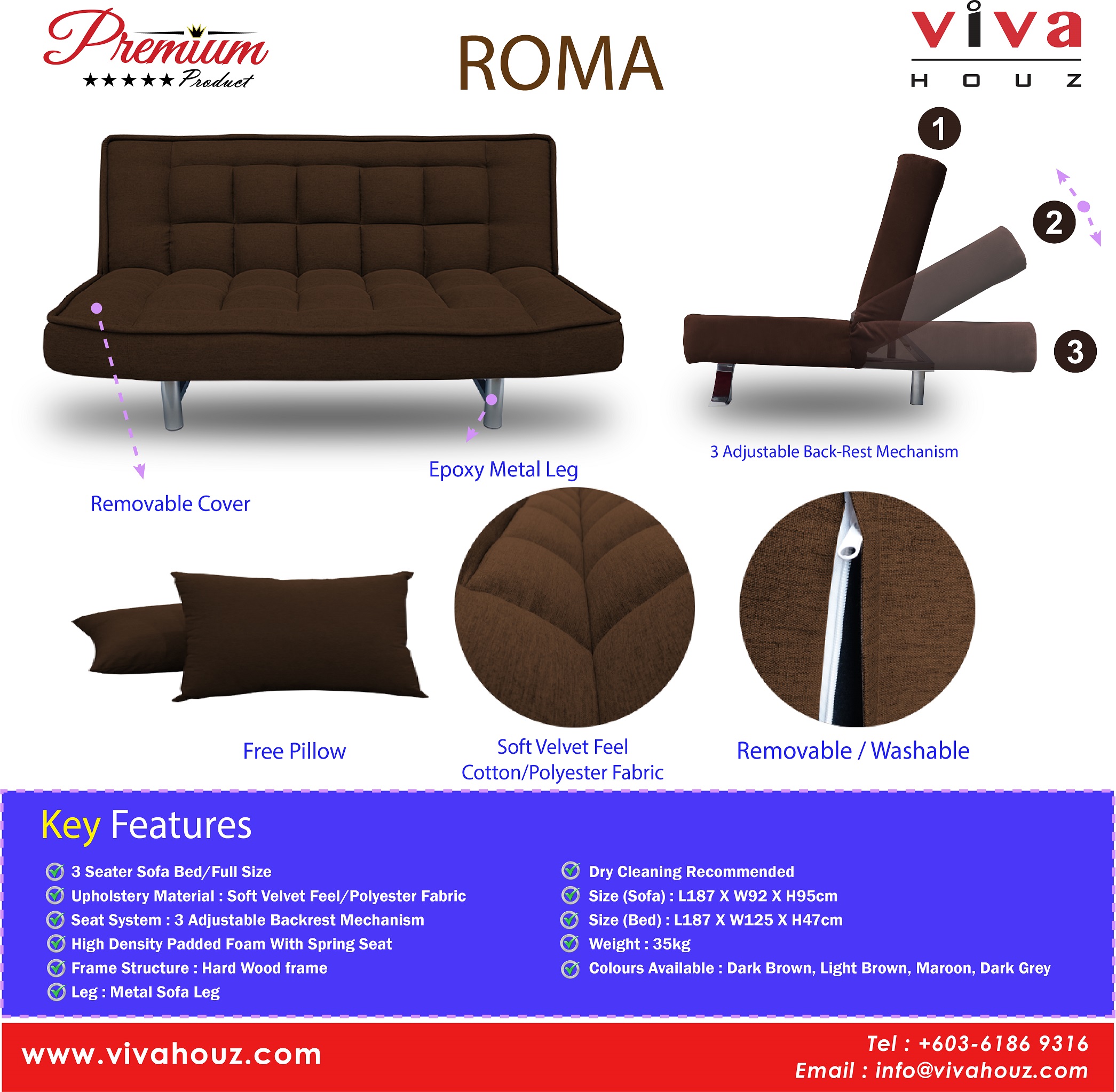 Viva Houz Roma 3 Seater Sofa Bed Full Fabric